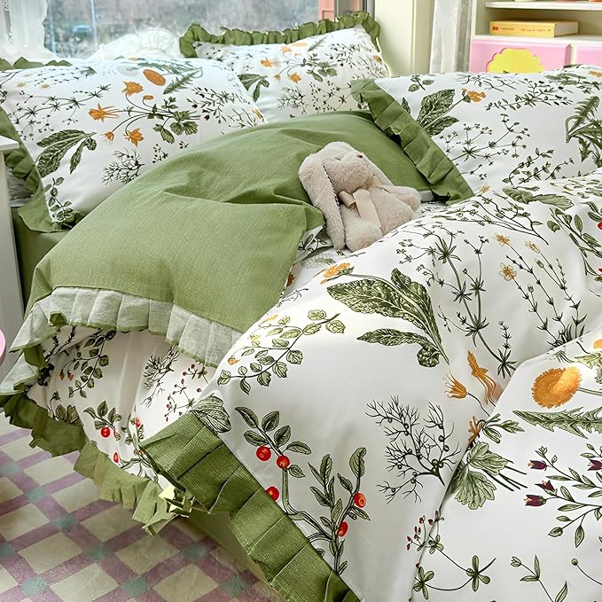 Twin XL Comforter Set 3 Pieces Cute Flower Botanical Comforter Set with Chic Ruffles Aesthetic Green Floral Comforter with 2 Pillowcases Romantic Princess Ruffle Bedding Comforter for Teen Girls