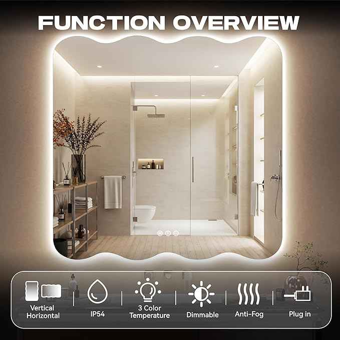 Hasipu Wavy Full Length Mirror with Lights - 36"×36" LED Wavy Floor Mirror, Frameless, Dimmable, Standing or Vertical/Horizontal Wall-Mounted Mirror for Bedroom, Living Room, Cloakroom