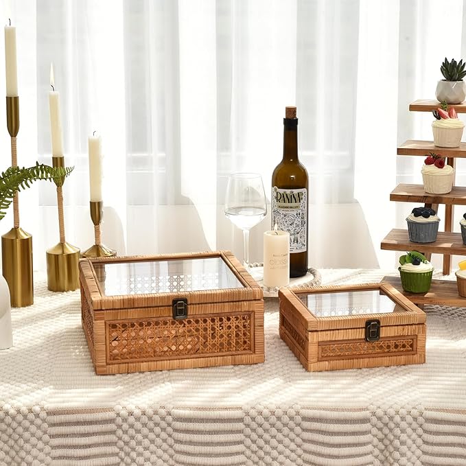 Rattan and Cane Square Stacking Boxes with Glass Top Lid - Set of 2 for Boho, and Rustic Farmhouse Decor