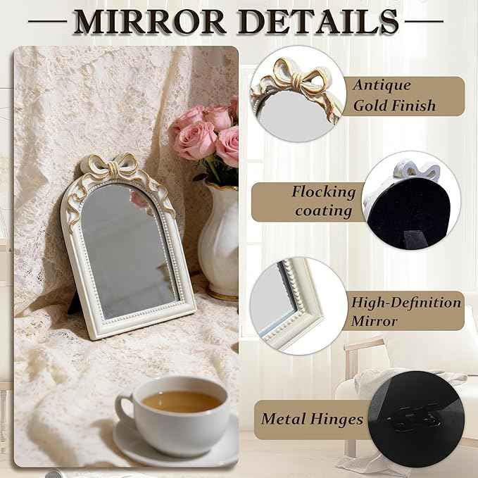 Vintage Carved Resin Desk Mirror - 8x6Inch Decorative Vanity Mirror for Makeup, Dorm, Bedroom & Tabletop Deco