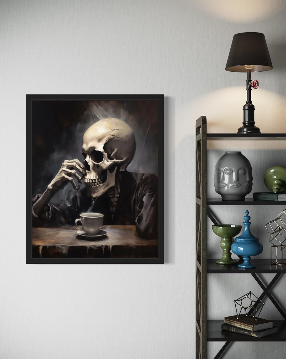 Skull Drinking Coffee Poster Art Print, Halloween Scary Vintage Wall Art Academia Spooky Painting Decoration for Horror Prints, Gothic Posters Bedroom Decor 89 (Skull Drinking Coffee, 8 x 10 inches, Unframed)