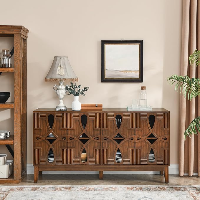Ball & Cast 60" Mid Century Modern Sideboard Cabinet with Openwork Carving, Media Console & Buffet Cabinet with 4 Doors and Adjustable Shelves for Living Room,Kitchen Coffee Bar, Dining Room, Walnut