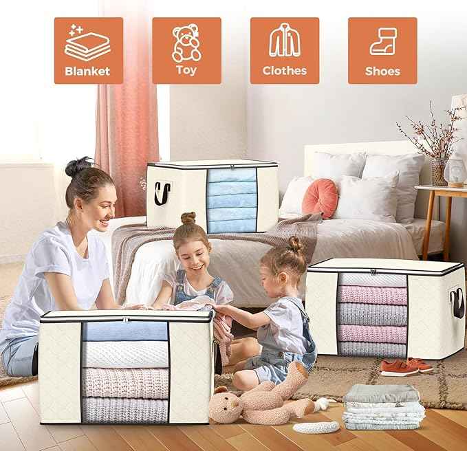 Budding Joy 90 L Large Storage Bags, 10 Pack Clothes Storage Bins Foldable Closet Organizers Storage Containers with Reinforced Handle for Clothing, Blanket, Comforters, Bed Sheets, Pillows (Beige)