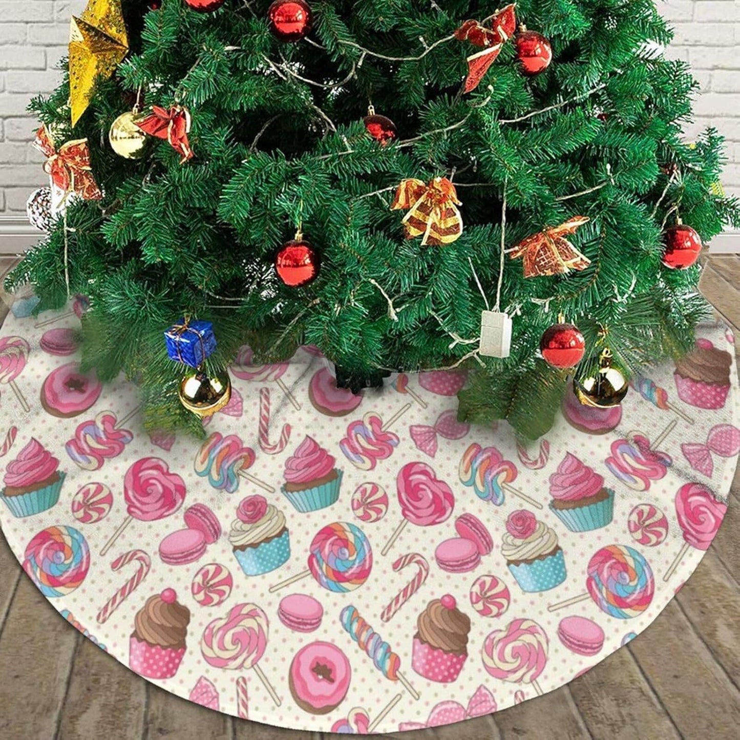 Christmas Tree Skirt,Sweet Lollipop Candy Macaroon Cupcake Donut Xmas Tree Skirt Rustic Farmhouse Tree Skirt for Christmas Decor Xmas Holiday Home Party Decorations30