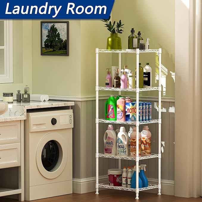 REGILLER 5-Wire Shelving Metal Storage Rack Adjustable Shelves,Standing Storage Shelf Units for Laundry Bathroom Kitchen Pantry Closet(White,11.8" D x 16.6" W x 53.5" H)