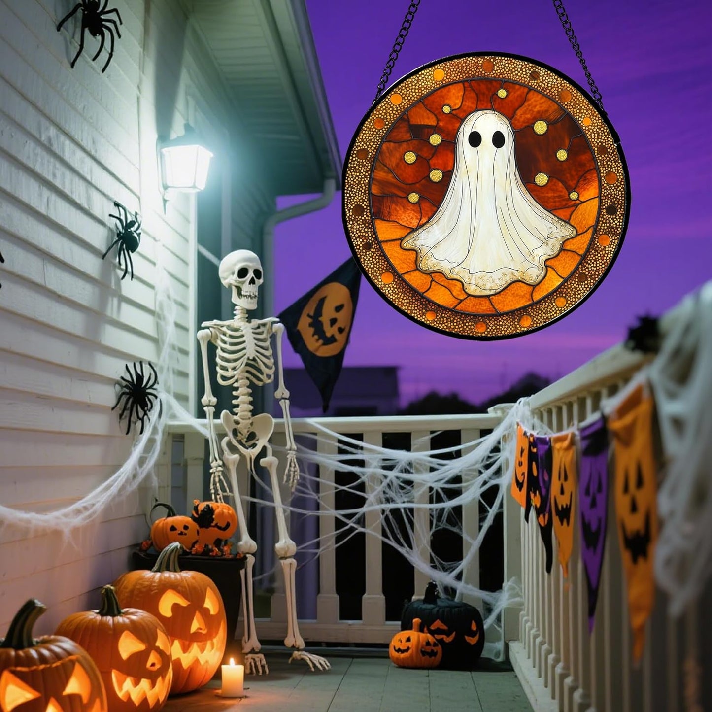 Stained Glass Window Hanging - Halloween Decorations White Ghost Suncatcher for Doors Garden Indoor Spooky Funny Orange Sun Catchers Gothic Decor Horror Gifts for Women Men Friend 6.3 in