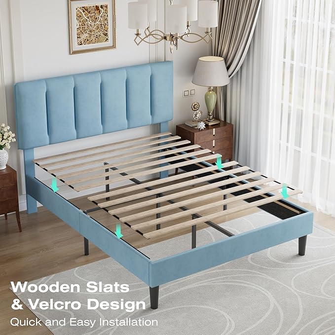 VECELO Queen Size Bed Frame with Upholstered Headboard, Heavy-Duty Bedframe with Wooden Slats & Steel Framework, Easy Assembly, Light Blue