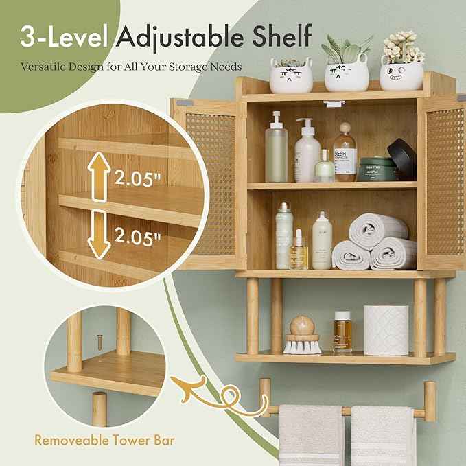 AmazerBath Bathroom Wall Cabinets, Bamboo Medicine Cabinet with Rattan Door, Over The Toilet Storage Cabinet with Towel Bar, Wall Mounted Cabinet with Adjustable Shelves for Small Spaces