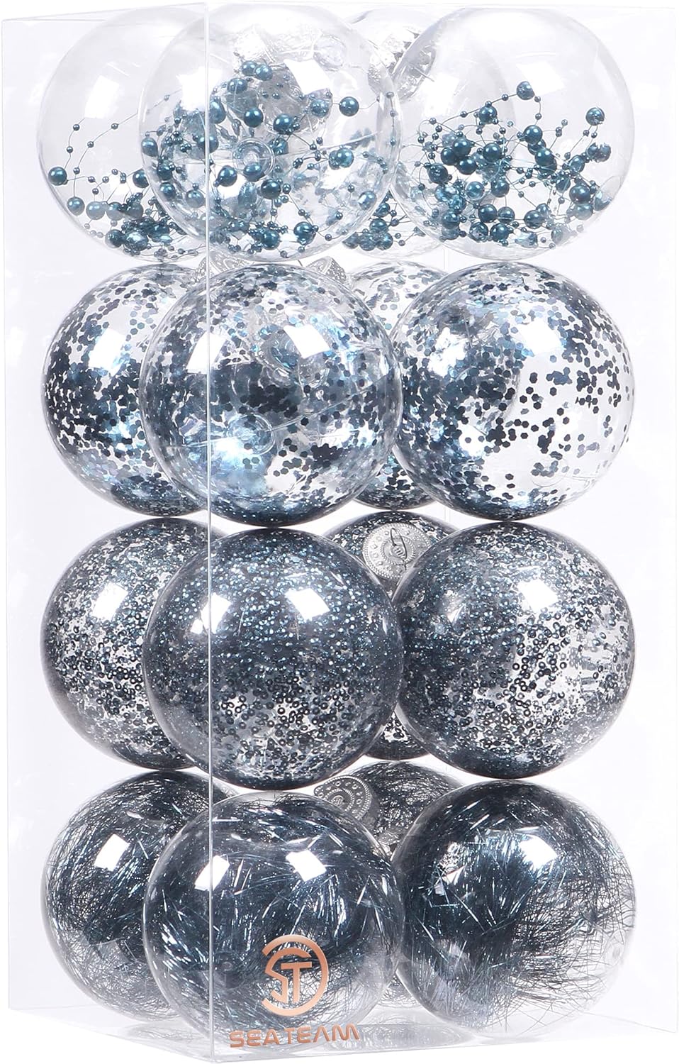 Sea Team Shatterproof Clear Plastic Christmas Ball Ornaments Decorative Xmas Balls Baubles Set with Stuffed Delicate Decorations (100mm/3.94 inch 16-Pack, Stone Blue)