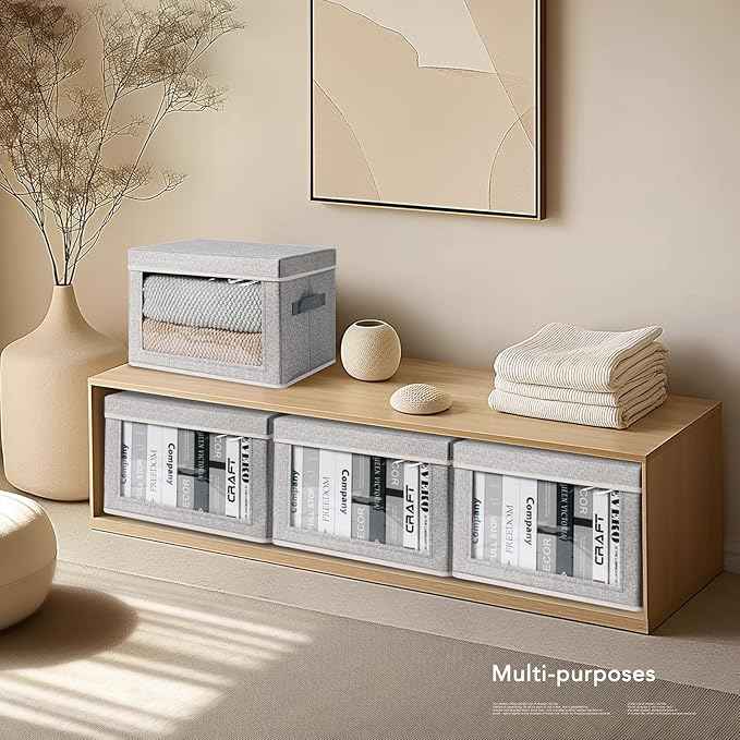 Storage Box with Lids - Foldable Clear Window Storage Bins, Large Decorative Storage Bins with Handles, Storage Containers for Clothes, Towel
