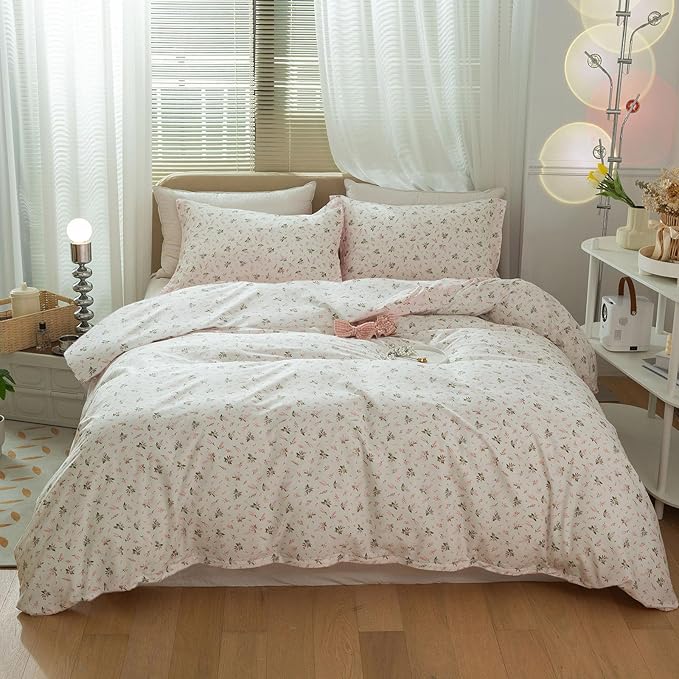 LifeTB Garden Pink Floral Comforter Set Queen Size Vintage Boho Floral Bedding Comforter Queen with 2 Pillowcases Fluffy Soft All Seasons Bedding Set Cottagecore Flowers Botanical Comforter Set