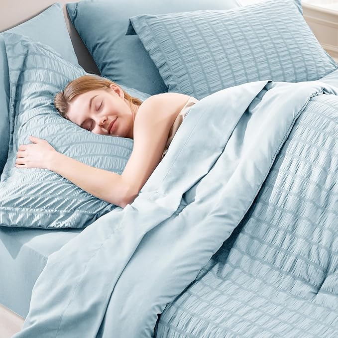 CozyLux Queen Comforter Set Light Blue Seersucker 7 Pieces Bed in a Bag Queen Comforter Set with Sheets Luxury Soft Bedding Set with Down Alternative Comforter, Sheets, Pillowcases & Shams All Seasons