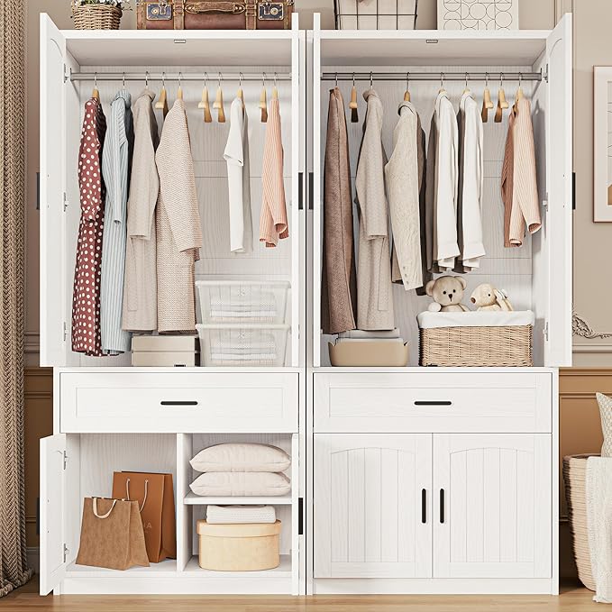 LIKIMIO 77" Tall Armoire Wardrobe Closet, Wooden Wardrobe with 4-Door and Drawer, White Clothes Storage Cabinet with Hanging Rod and Adjustable Shelves for Bedroom