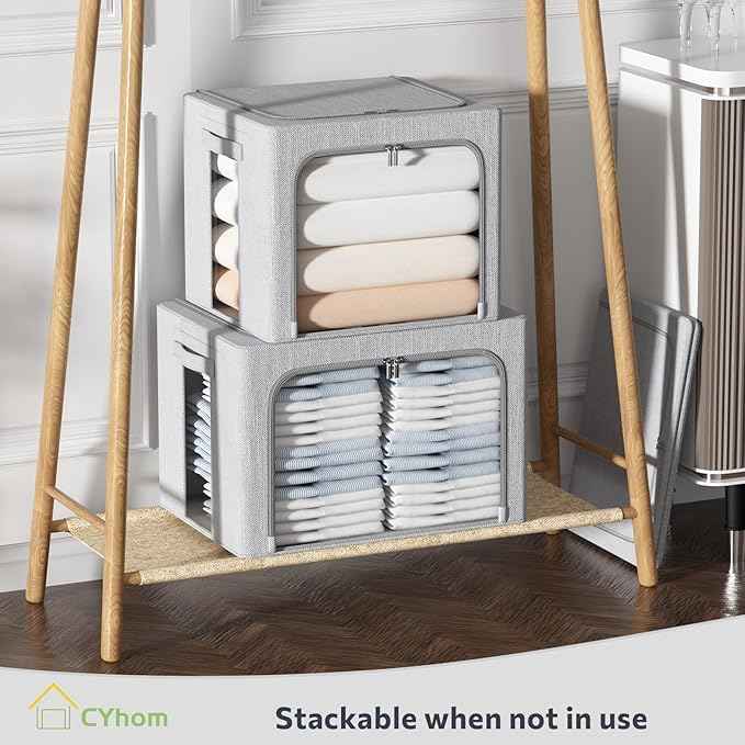 CYhom Clothes Storage Bins Box - Foldable Stackable Container Organizer Set with Clear Window & Carry Handles & Metal Frame - 2Pack Large Capacity for Bedding, Blankets, Books
