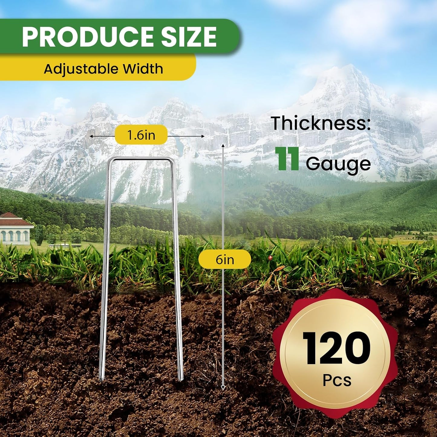 Landscape Staples Galvanized 6 Inch 120 Pcs, Metal Garden Stakes 1.6 Inch, Garden Staples for Lawn 11 Gauge