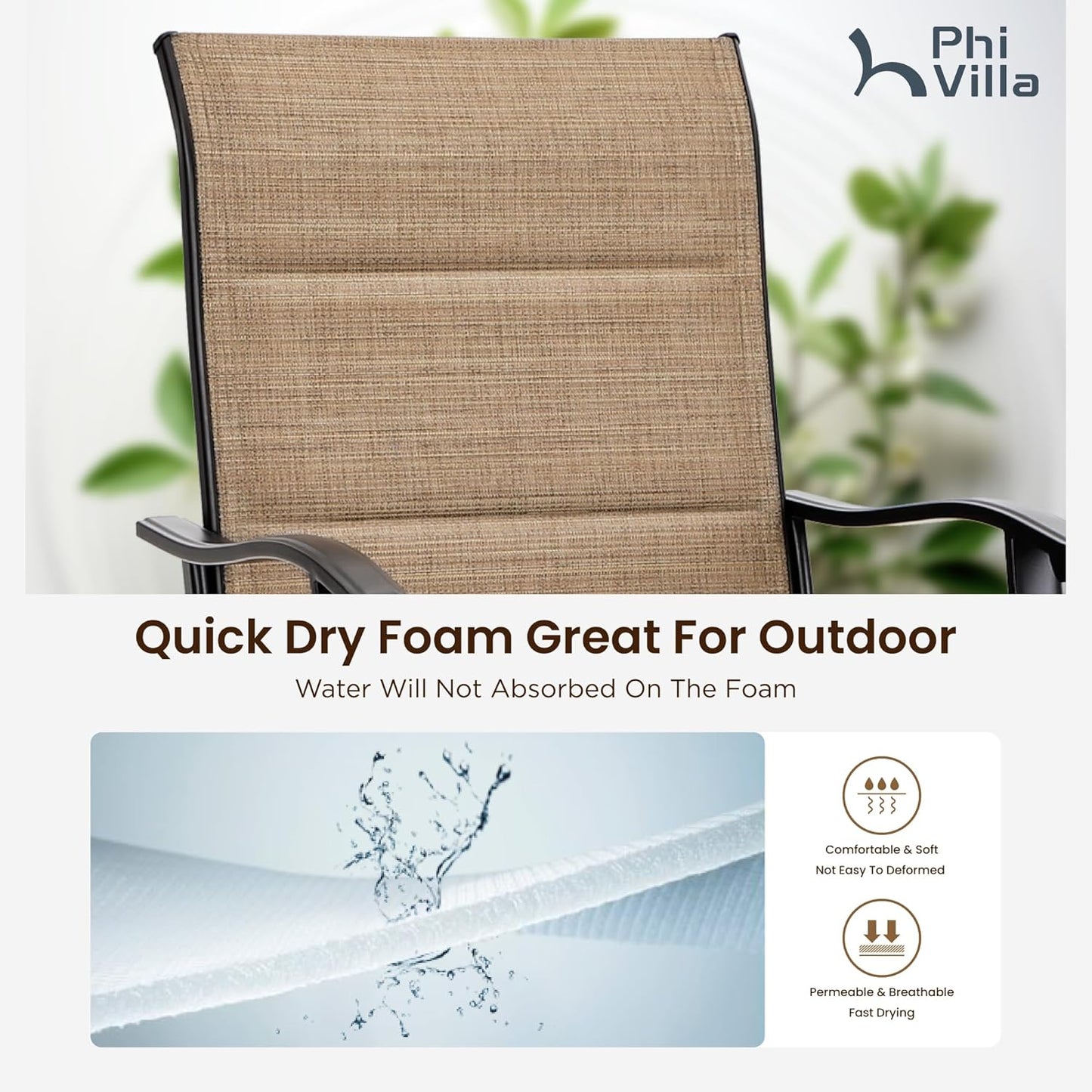 PHI VILLA 5 Piece Outdoor Bar Set, High Top Patio Dining Table and Chairs with 4 Swivel Padded Bar Stools (Brown) & Wood-Like Steel Bar Table for Deck, Garden, Poolside and Porch