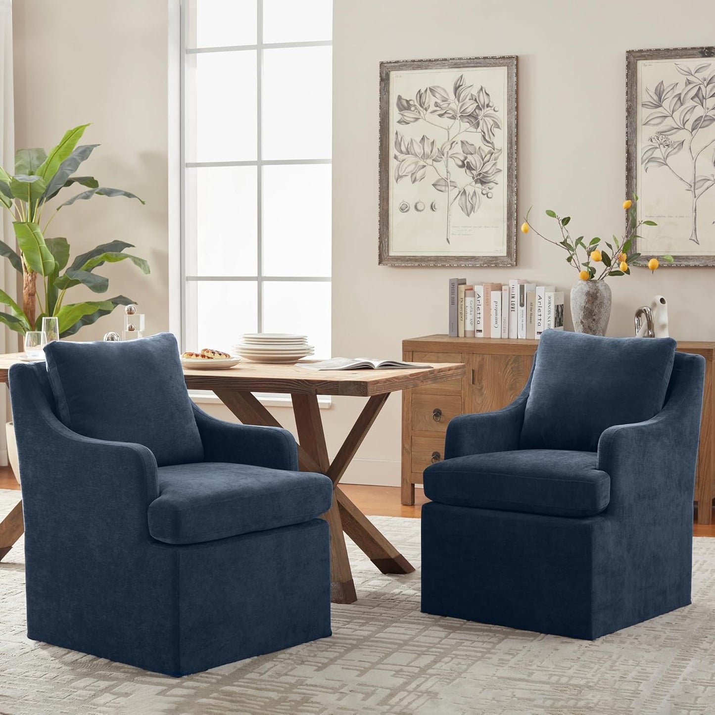 VKNOW Upholstered Dining Chairs, Modern Kitchen Chairs Dinner Chairs with 4 Casters, Linen Armchair for Bedroom Reading Room Living Room, Navy