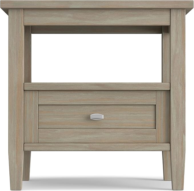 SIMPLIHOME Warm Shaker End Table - 20 inch Wide Solid Wood Side Table in Distressed Grey, Transitional Accent Table for Living Room or Bedroom with Drawer, Open Shelf and Square Tapered Legs