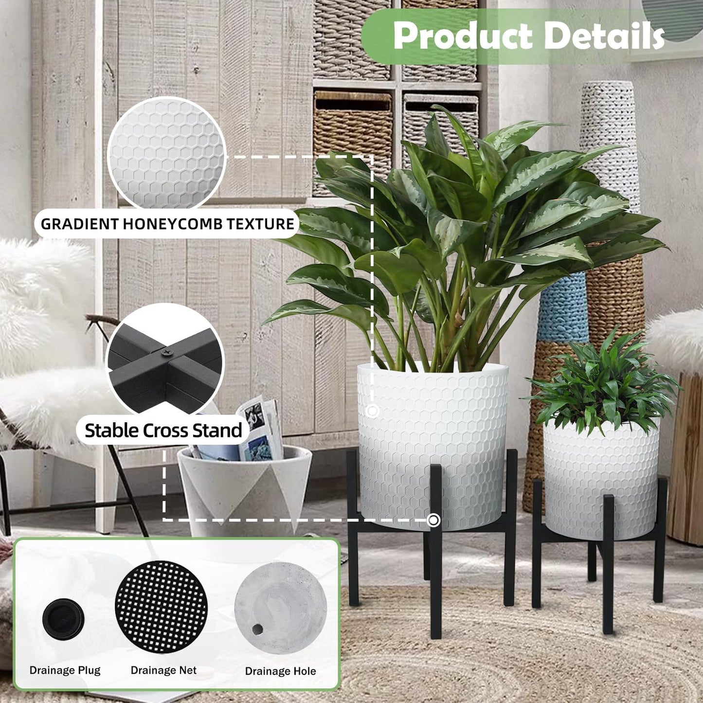 10 & 12 Inches Planters with Metal Sand for Indoor Plants Set of 2,Decorative Plant Pots with Holder, Outdoor Flower Pots with Legs, Modern Garden Pot with Drainage Holes for Snake Plant, House plants