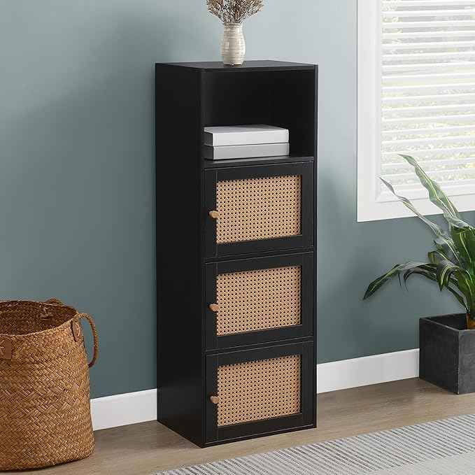 Convenience Concepts Xtra Storage Boho Weave 3 Door Cabinet 16.5" - Modern Rattan Organizer with Shelf for Living Room, Bathroom, Office, Home Library, Closet, Black/Beige Barley