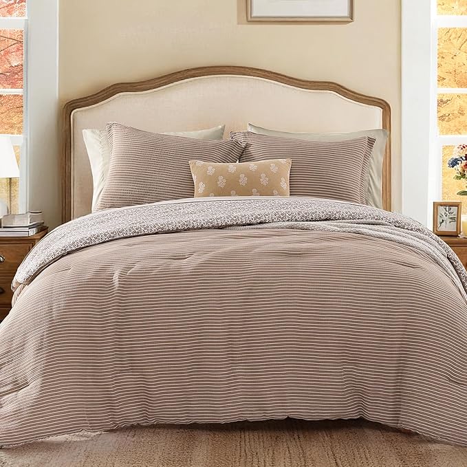 Queen Comforter Set - 7 Pieces Dark Brown Gauze Muslin Bedding Sets for All Seasons, Lightweight Breathable Bed in a Bag Queen with Revesible Farmhouse Comforter, Sheets, Pillowcases & Shams