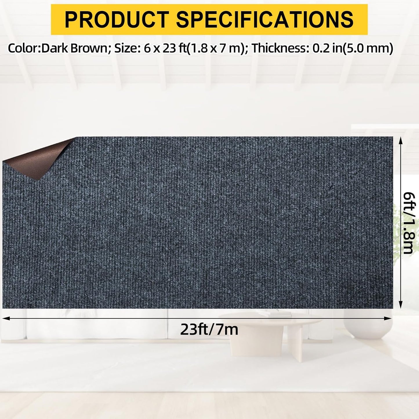 Marine Carpet,6 FT x 23 FT Dark Gray Indoor Outdoor Carpet 0.2" Thick Boat Carpet with Water-Proof TPE Backing, Non-Slide Outdoor Marine Carpet Roll for Home, Patio, Porch, Deck