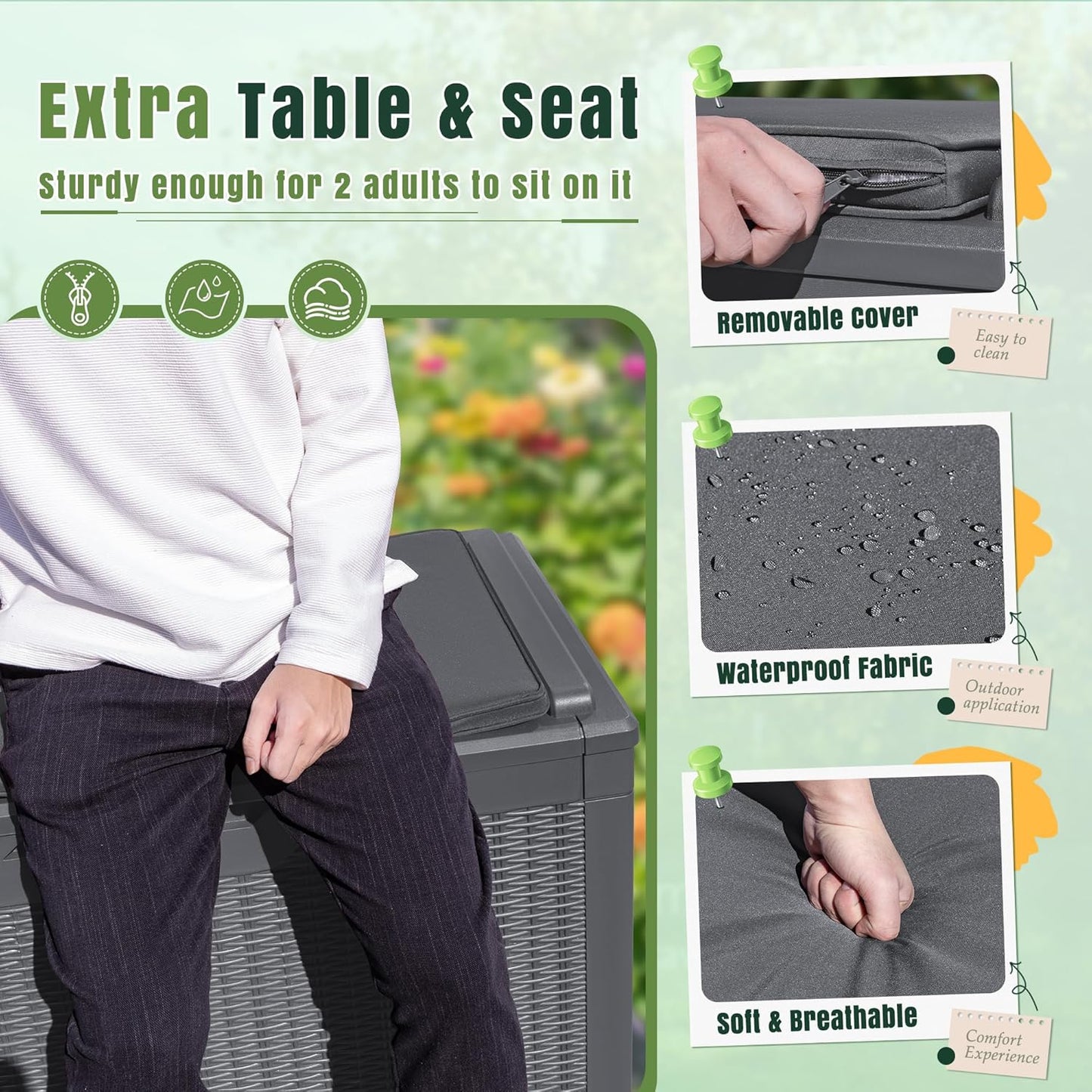 Greesum 100 Gallon Resin Deck Box Large Outdoor Storage with Cushions for Patio Furniture, Garden Tools, Pool Supplies, Weatherproof and UV Resistant, Lockable, Gray