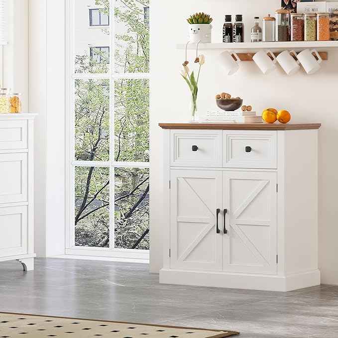 Vabches Farmhouse Buffet Sideboard with Drawers, Wood Pantry Cabinet with Storage, Rustic Storage Cabinet with Adjutable Shelf and Barn Door for Kitchen, Dining Room, Living Room, White
