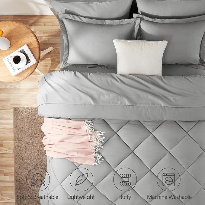 CozyLux Oversized King Comforter Set Light Grey, 7 Pieces Bed in a Bag Comforter Set with Sheets, All Season Bedding Set with Down Alternative Comforter, Sheets, Pillowcases & Shams