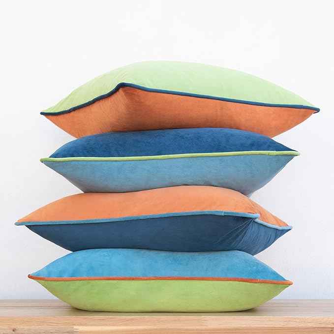 MONDAY MOOSE Decorative Throw Pillow Covers Cushion Cases, Set of 4 Soft Velvet Modern Double-Sided Designs, Mix and Match for Home Decor, Pillow Inserts Not Included (18x18 inch, Blue/Orange)