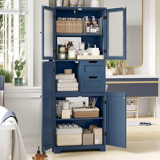 67'' Tall Bathroom Storage Cabinet, Linen Cabinet with Glass Doors and Adjustable Shelves, Kitchen Pantry with 2 Drawers for Bathroom, Living Room, Dining Room, Blue