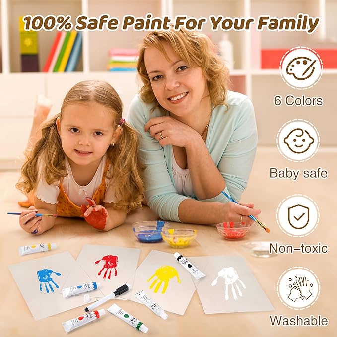 Family Handprint Kit, Hand Prints Keepsake Frame, DIY Craft Gift for New Parents & Mom & Baby, Grandparents, Mother's Day, Father's Day, Adoption Day, Anniversary, 6 Non -Toxic Paints (White)