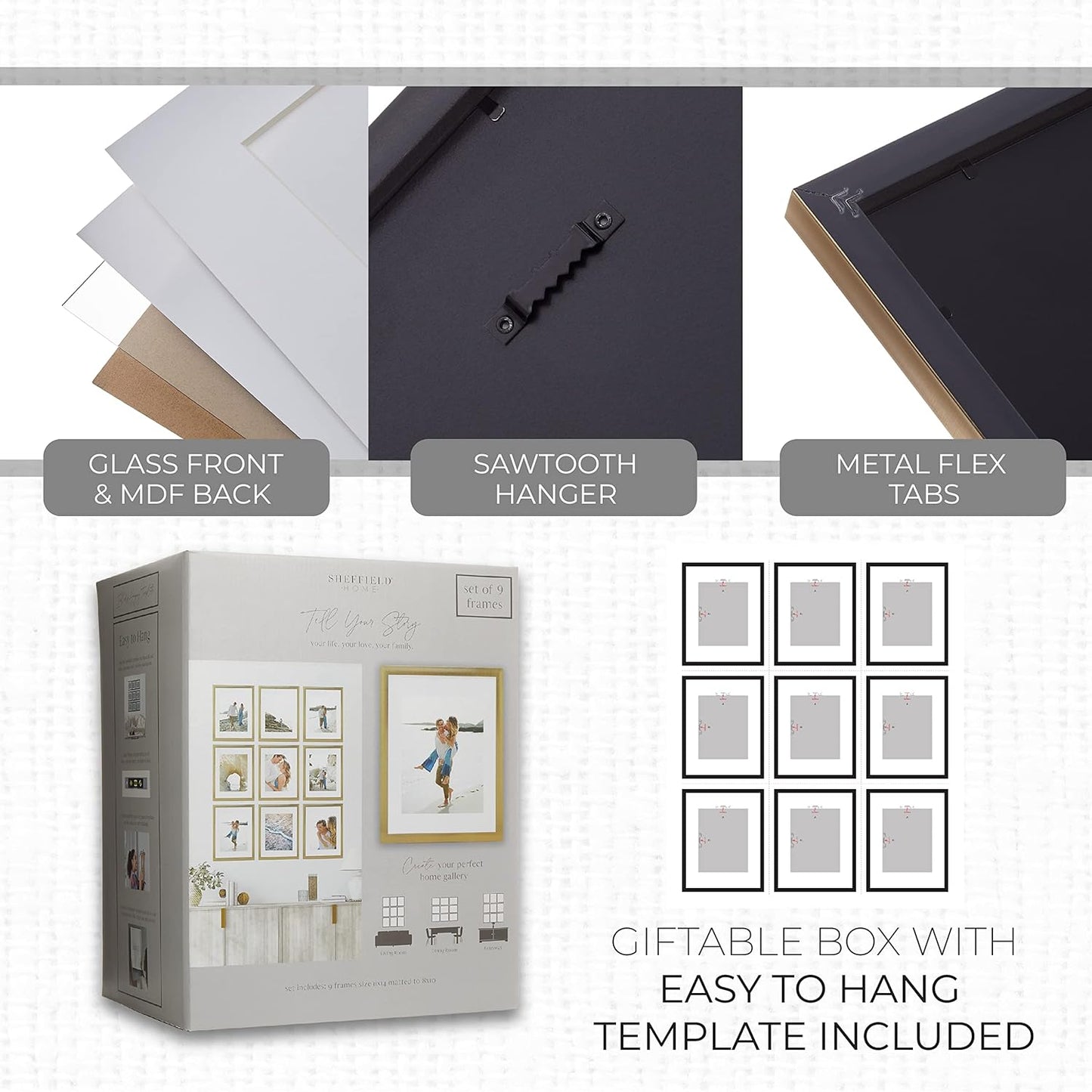 Sheffield Home 9 Piece Gallery Wall Frame Set, 11x14 Inch, Gold