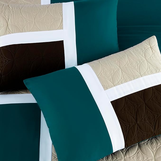 Chezmoi Collection Upland 7-Piece Quilted Patchwork Comforter Set, Teal/Beige/Brown, Full