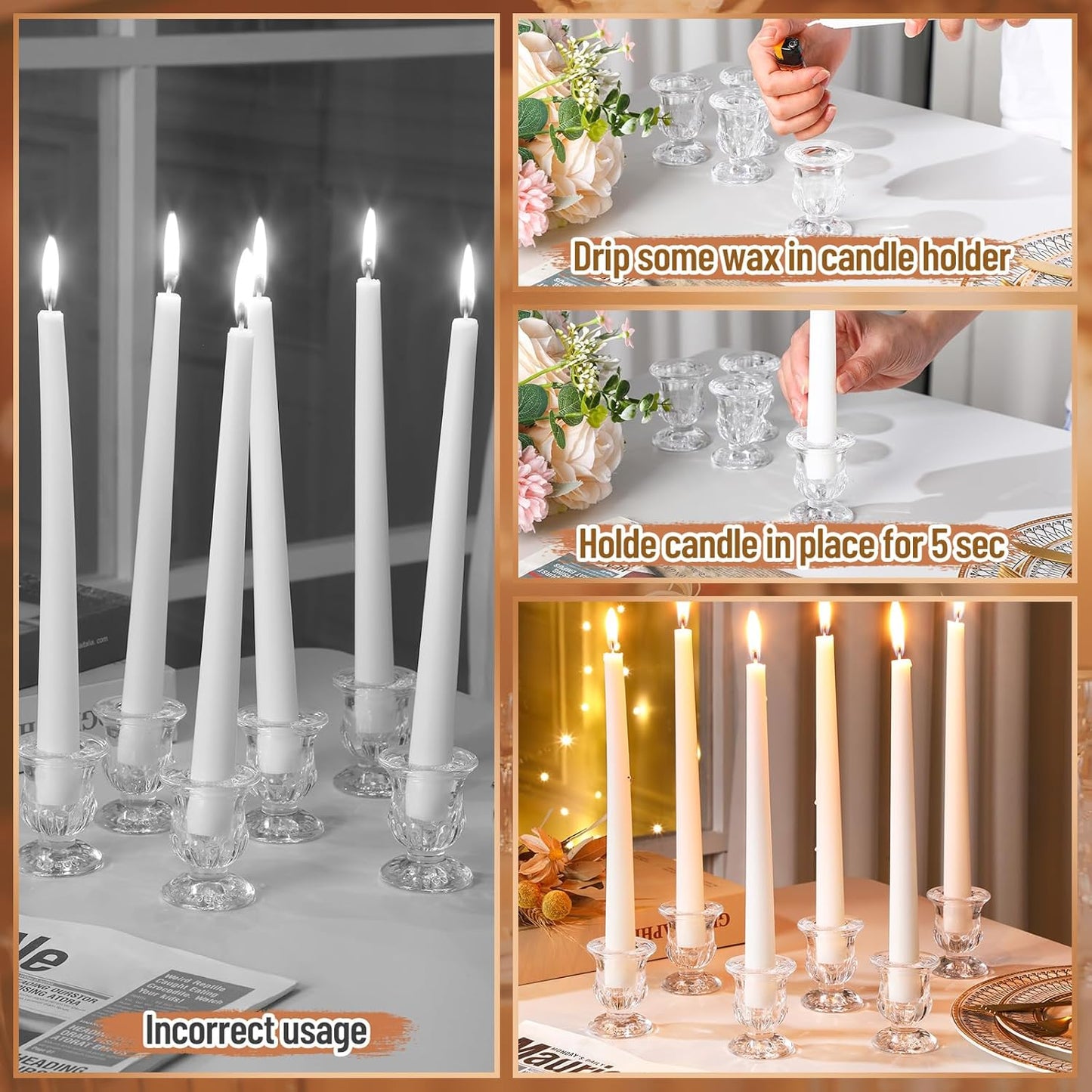 96 Pcs Glass Taper Candle Holders Bulk 2. 5 Inch Clear Candlestick Holder with Long Tapered Candles Candle Sticks Set for Table Centerpiece Wedding Christmas Party Decoration