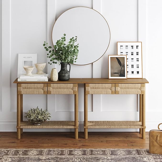 Nathan James Beacon Wooden Sofa Console Table with Drawers, Bohemian Entryway Accent, Hallway Furniture with Seagrass Shelf, Light Brown, Set of 2