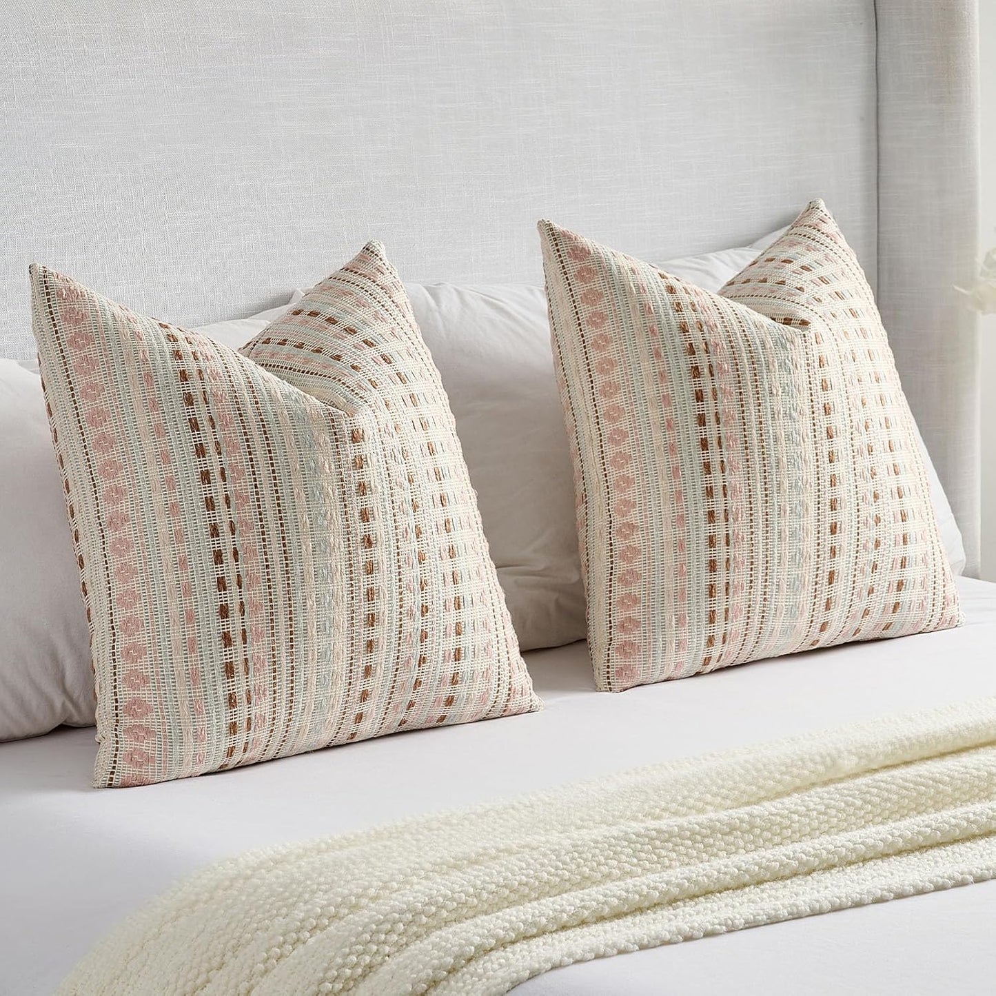 FUTEI Pink Blue Decorative Throw Pillow Covers 18x18 Inch Set of 2,Soft Cozy Chenille Jacquard Textured Cushion Case,Boho Home Decor for Couch Bed Living Room