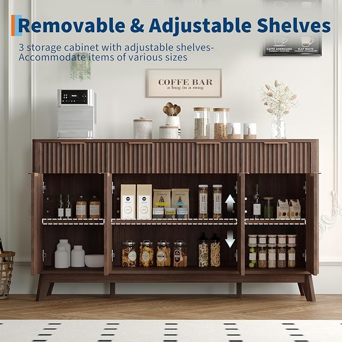 IDEALHOUSE 60" Large Farmhouse Sideboard Buffet Cabinet with Storage Drawers & Adjustable Shelves, Wood Fluted Buffet Storage Cabinet & Coffee Bar Console Table for Living Room & Kitchen Dining Room