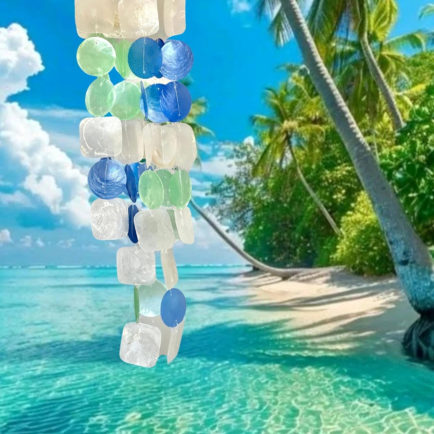Bellaa 22906 Wind Chimes Outdoor, Garden Decorations, Musical, Indoor/Outside Windchimes, Beach, Ocean Breeze, Gifts for Mom, Gift for All Occasions, Capiz Sea Glass Shells Wood White Blue Green