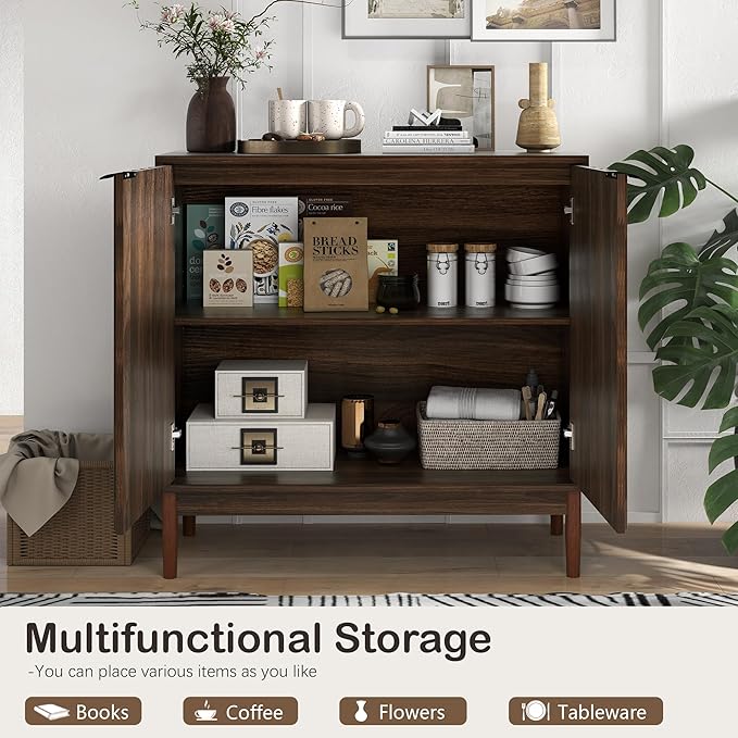 Fluted Cabinet with Storage, Buffet Cabinet Sideboard with Door, Kitchen Buffet Storage Accent Cabinets with Adjustable Shelves for Living Room, Entry, Hallway, Brown, Walnut