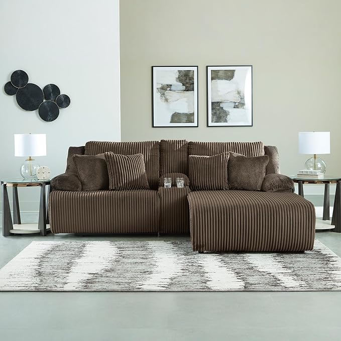 Signature Design by Ashley Top Tier Contemporary L-Shaped 3-Piece Reclining Sectional Sofa with Chaise, Console Storage and 4 Accent Pillows, Dark Brown