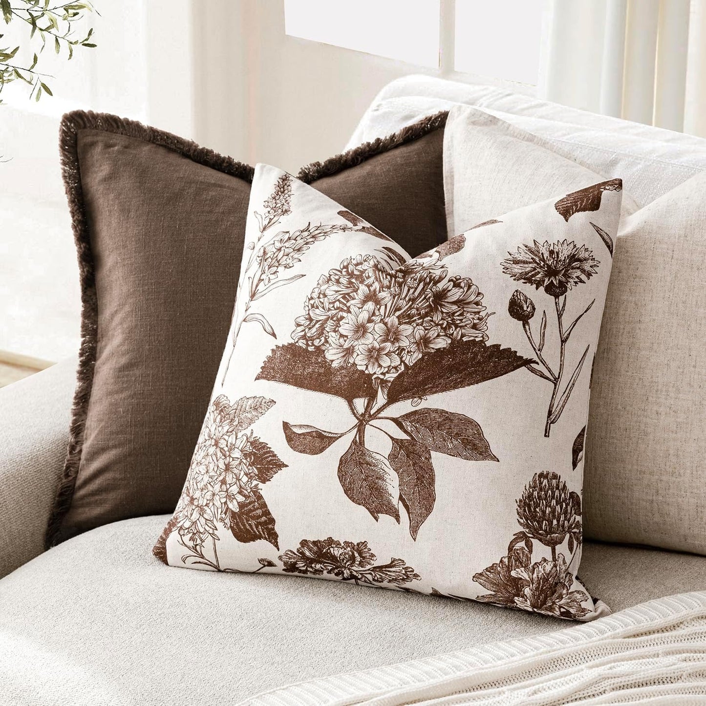 Foindtower Set of 2 Linen Floral Throw Pillow Covers Neutral Vintage Print Decorative Cushion Covers Farmhouse Boho Home Decor for Sofa Chair Couch Bedroom Living Room Outdoor,20×20 Inch,Dark Brown