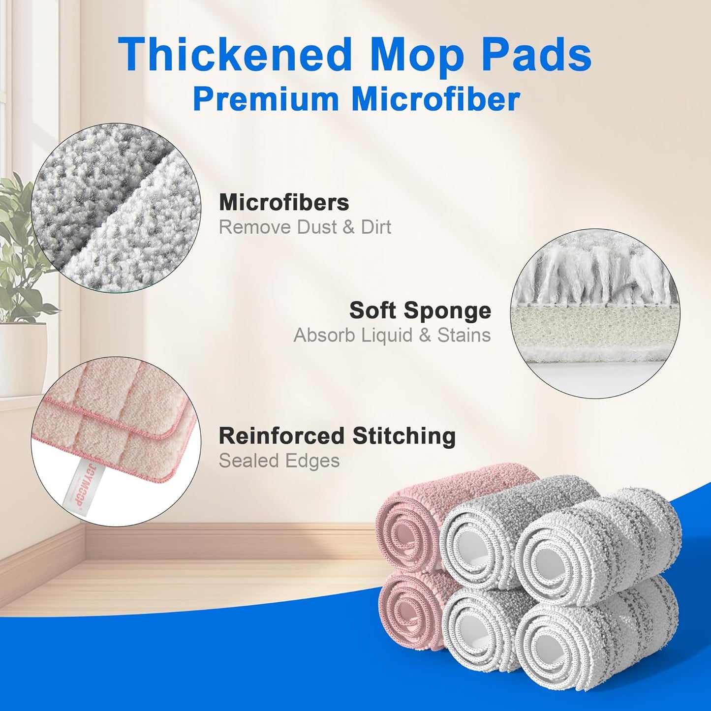 JOYMOOP Mop Replacement Pads, Reusable Microfiber Mop Pads for 13-inch Flat Mop and Mop Bucket Set, Pack of 6 Refills - Pink, Grey and Stripe