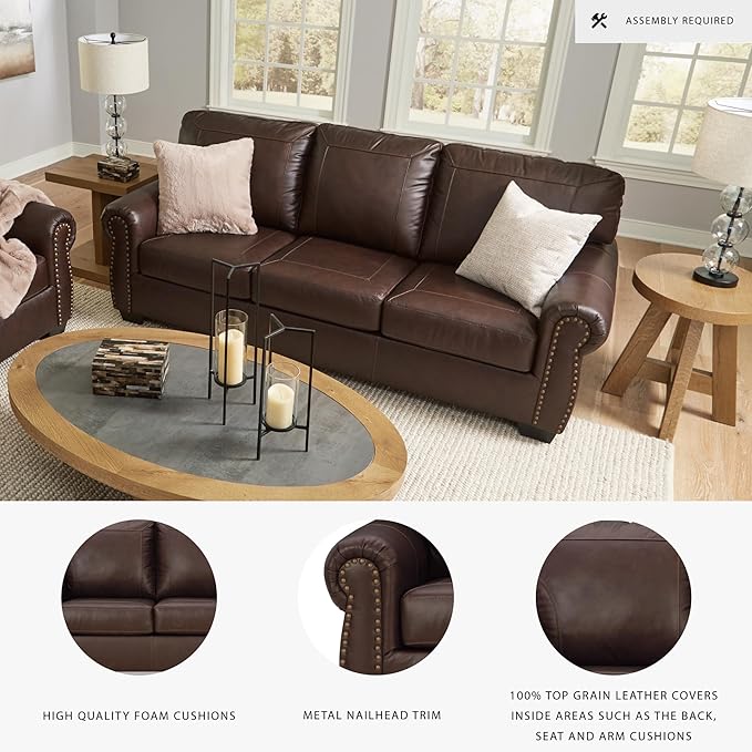 Signature Design by Ashley Colleton Classic Leather Match Sofa with Nailheads, Dark Brown