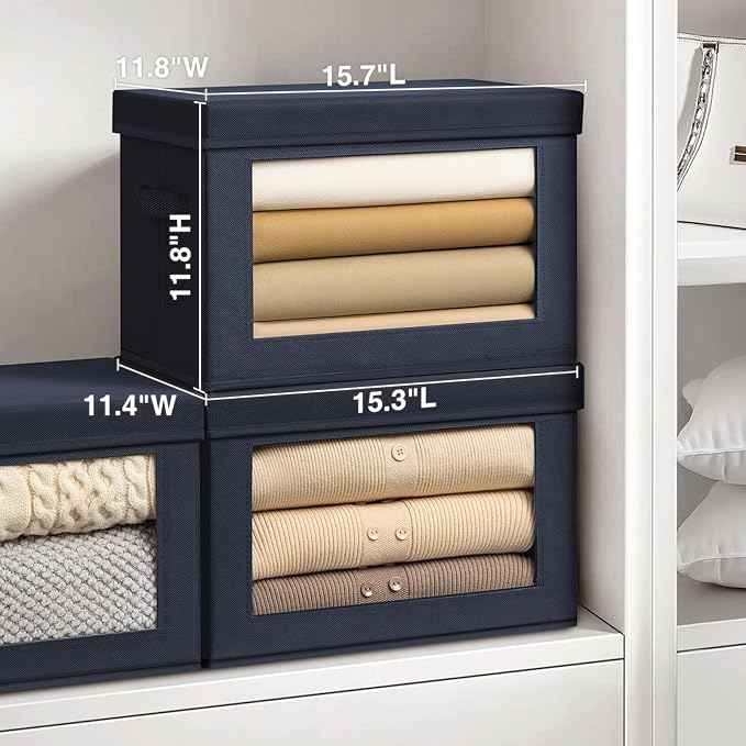 Stackable Storage Bins with Lids - Large Storage Box with Lids, Foldable Closet Boxes for Organizing, Wardrobe Clothes Organizer with Window, Cubes Bins for Living Room, 4 Pack, Navy Blue