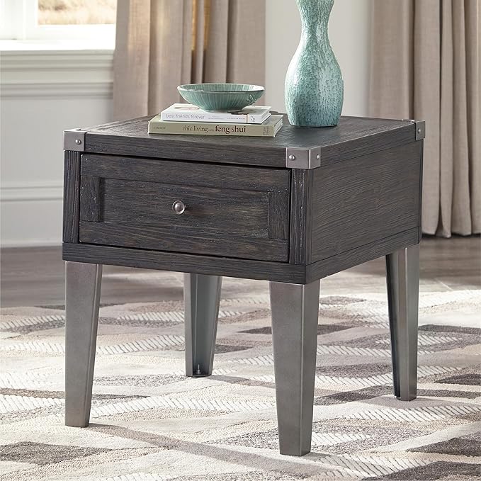 Signature Design by Ashley Todoe Industrial Square End Table with 1 Drawer, 2 Outlets and 2 USB Charging Ports, Dark Gray with Weathered Pine Finish