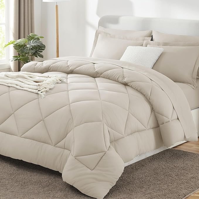 CozyLux Oversized Queen Comforter Set Beige - 7 Pieces Bed in a Bag Comforter Set with Sheets, Luxury Soft Bed Set All Seasons, Bedding Set with Down Alternative Comforter, Sheets, Pillowcases & Shams