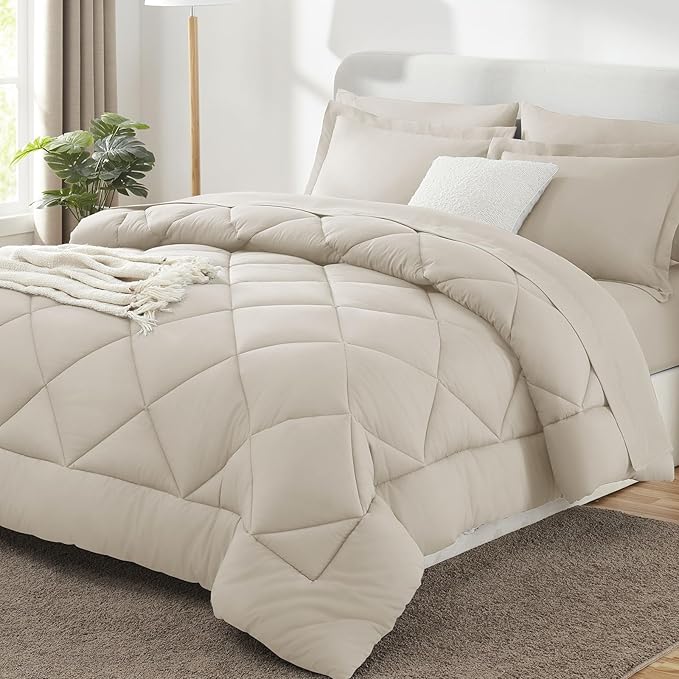 CozyLux Oversized King Comforter Set Beige - 7 Pieces Bed in a Bag Comforter Set with Sheets, Luxury Soft Bed Set All Seasons, Bedding Set with Down Alternative Comforter, Sheets, Pillowcases & Shams