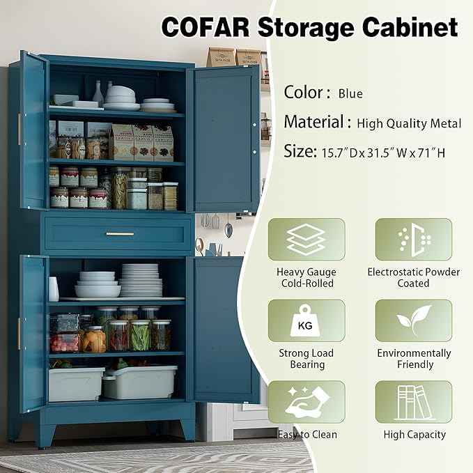 COFaR Farmhouse Storage Kitchen Pantry Cabinet with 4 Barn Door, 4 Adjustable Shelves, Drawer and Legs, for Cupboard/Dining Room/Bathroom/Living Room/Office/Laundry Room(Blue Green, 71" Metal Cabinet)