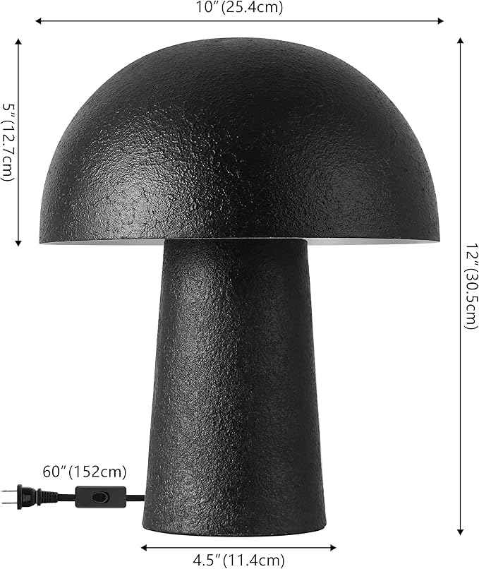 SAFAVIEH Lighting Collection Modern Kieza Black 12-inch Mushroom Table Lamp for Bedroom, Living Room, Home Office, Desk, Nightstand (LED Bulb Included)